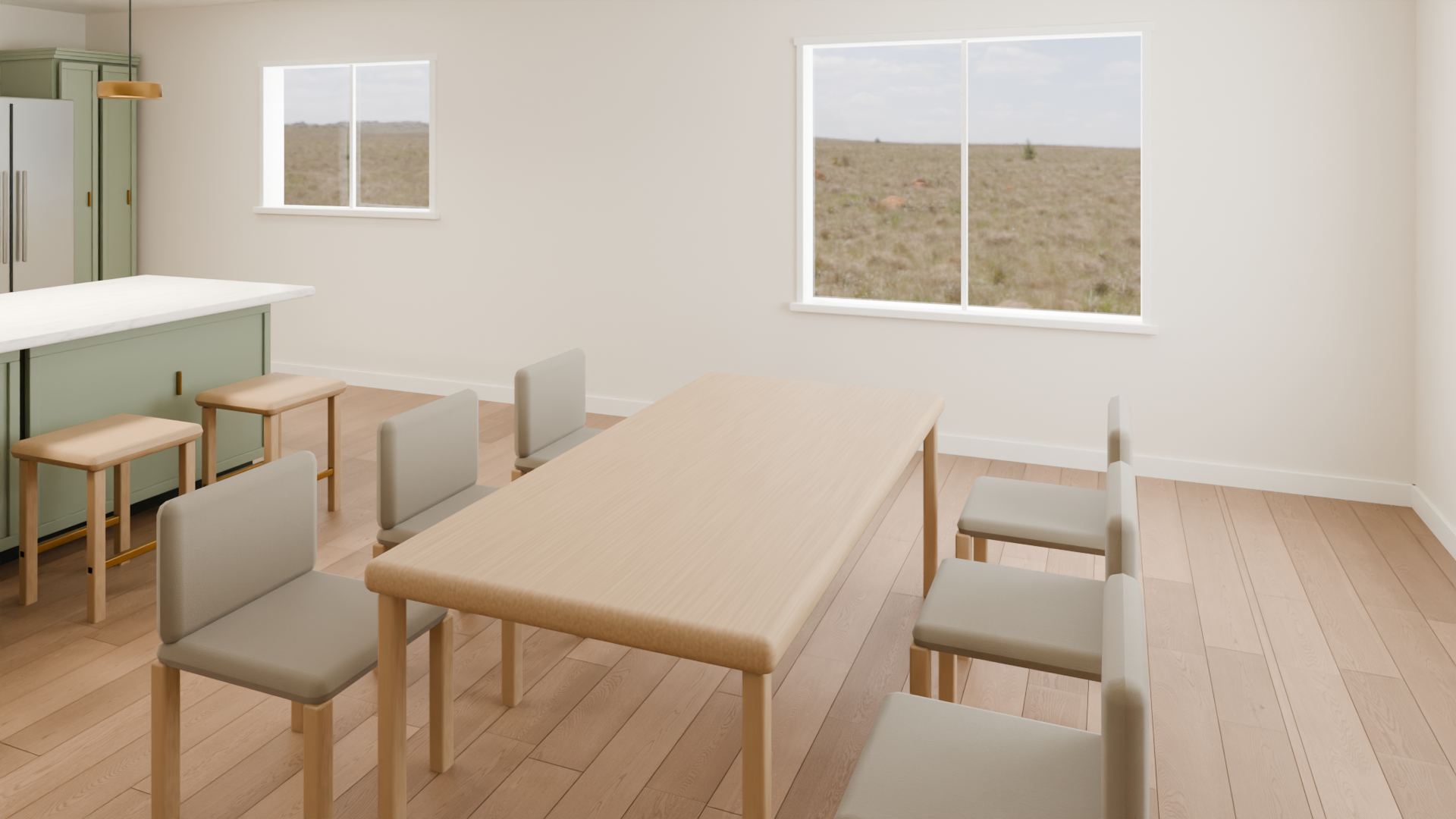 Dining room, Warm Modern. An oak-look table with upholstered chairs between the kitchen and living area, with daylight through the windows.