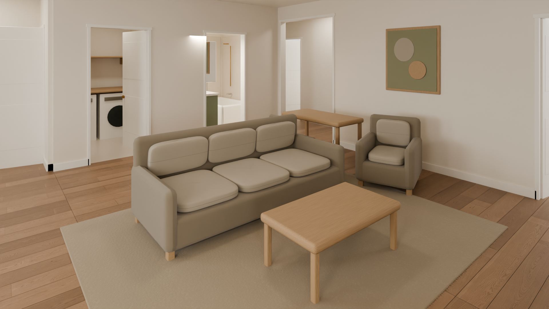 Living room, Warm Modern. Neutral upholstered seating on a textured rug, with oak-look flooring and a sightline toward the adjoining rooms. Warm neutral walls, muted green cabinetry and warm metal accents.
