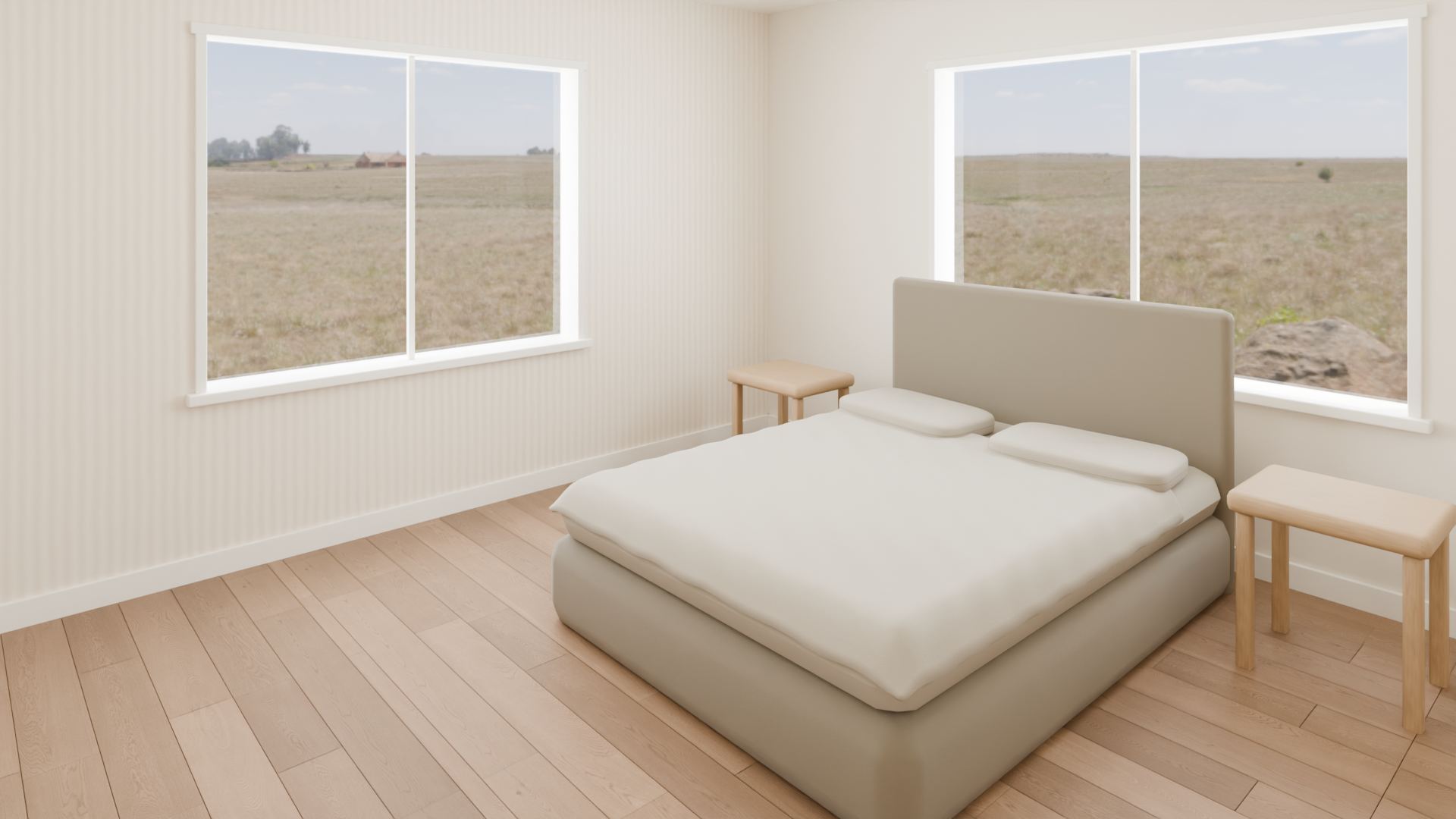 Primary bedroom, Warm Modern. A bed with soft neutral bedding, nightstands and a subtle patterned accent wall, with daylight meadow views.