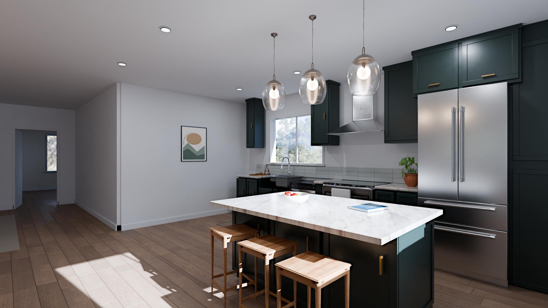 Kitchen, Classic Contrast, 6 ft island. Light stone-look counter, three wood stools and a sunlit oak-look floor. Declared sample sizes, not measurement.