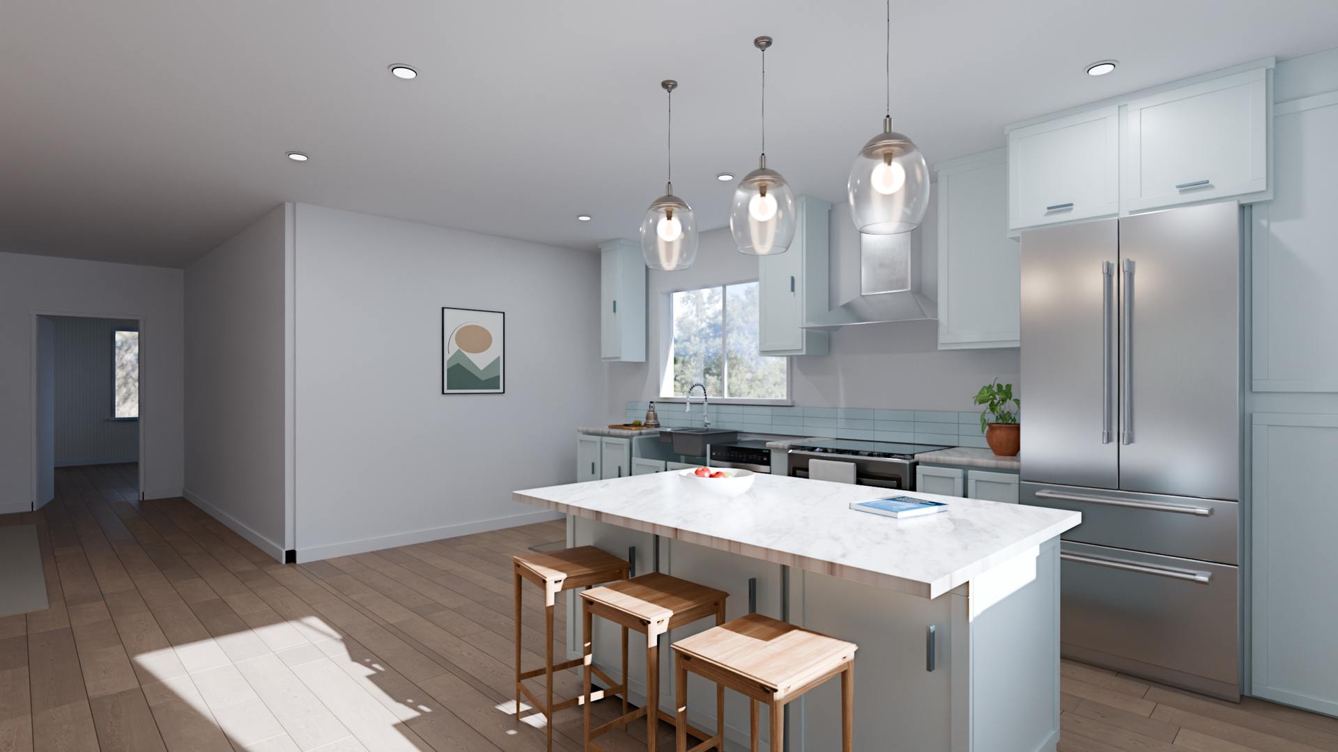 Kitchen, Coastal Light, 6 ft island. Light stone-look counter, three wood stools and a sunlit oak-look floor. Declared sample sizes, not measurement.
