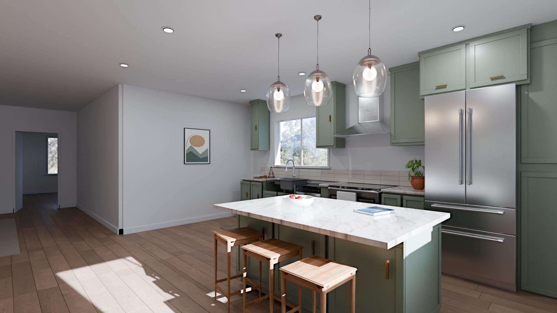 Kitchen, Warm Modern, 6 ft island. Light stone-look counter, three wood stools and a sunlit oak-look floor. Declared sample sizes, not measurement.